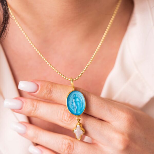 Virgin Mary Enamel Intaglio & Cross Pearl Necklace