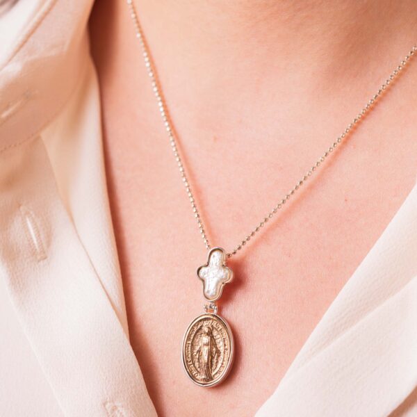 Virgin Mary Bronze Coin & Cross Pearl Necklace